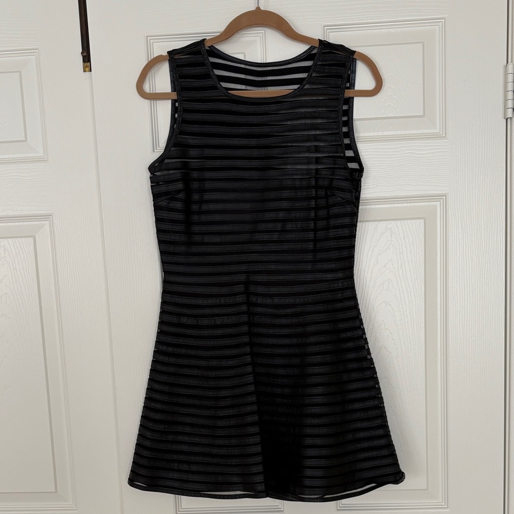 Parker Black Striped Leather A Line Mini Dress